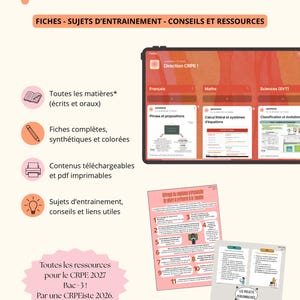 Può includere: Una visualizzazione di risorse educative digitali intitolata Padlet de révisions CRPE! con uno schermo di tablet che mostra colonne di studio per francese, matematica e scienze. Include icone per note, matite, stampanti e lampadine.
