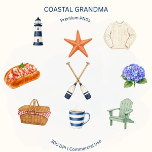 May include: A digital collection of watercolor illustrations featuring a lighthouse, orange starfish, cream cable-knit sweater, lobster roll, crossed wooden oars, blue hydrangea, wicker picnic basket, striped mug, and a light green wooden chair.