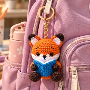 May include: A crocheted fox keychain featuring an orange and white fox with dark brown paws and ear tips, holding a small blue book. The fox is attached to a gold-toned metal keyring and lobster clasp, hanging from a light purple fabric backpack.