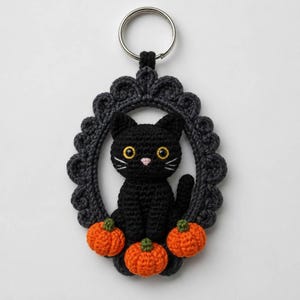 May include: A crochet keychain featuring a black cat with yellow eyes and a pink nose, sitting inside a dark gray oval frame. Three small orange pumpkins are attached to the bottom of the frame, which is connected to a silver metal keyring.