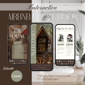 Mall för digital Airbnb-guidebok Canva, mobil gästvälkomstbok, husregler för semesterbostäder, telefonredigerbar gästbok, bekvämlighetsguide