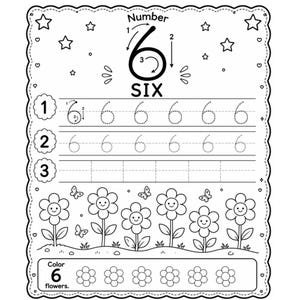 May include: A black and white educational worksheet for learning the number 6. It features a large number 6 with directional arrows, the word SIX, tracing lines for the number 6, and a bottom section with six flowers to color and count.