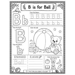 May include: A black and white educational worksheet titled B is for Ball, featuring letter tracing exercises for uppercase and lowercase B, a drawing of a ball, a teddy bear, blocks, and a section to circle pictures that begin with the letter B.