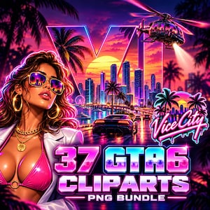 Puede incluir: Un gráfico digital que muestra a una persona con gafas de sol y un top de bikini rosa, un horizonte urbano al atardecer, un helicóptero, un coche deportivo y el texto 37 GTA6 CLIPARTS PNG BUNDLE y Vice City en tonos neón vibrantes.