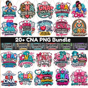 Pode incluir: Uma coleção digital de mais de 20 designs gráficos com o tema CNA, apresentando toucas de enfermeira, estetoscópios, corações e pranchetas médicas. As ilustrações coloridas incluem textos como CNA Certified Nursing Assistant e Caring Is My Calling, destinados à aplicação em vestuário, canecas e bolsas.