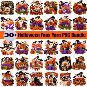 Pode incluir: Uma coleção digital de mais de 30 designs gráficos de Halloween com fantasmas, abóboras, gatos pretos e morcegos, incluindo frases como Trick or Treat e Spooky Season em tons de laranja, roxo e preto.
