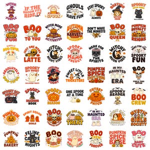 May include: A collection of forty-eight individual Halloween-themed graphic designs featuring illustrations of ghosts, pumpkins, skulls, black cats, and witches, each accompanied by festive text phrases in a color palette of orange, black, and purple.