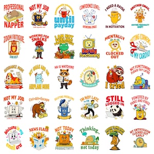 May include: A collection of thirty colourful cartoon stickers featuring various animals and office-themed objects with humorous text captions like Professional Napper, Zoom Fatigue, and Still Logged In, designed for workplace humour and expression.