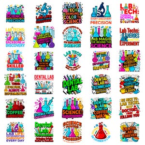 May include: A collection of thirty colourful graphic stickers featuring laboratory and dental themes. Each sticker displays various scientific glassware like beakers and flasks, combined with motivational text such as Science Where Science Meets Precision.