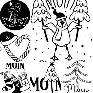 Op de afbeelding: Een verzameling zwart-wit lijntekeningen met een meeuw met een kerstmuts en sjaal, een papieren bootje met een boom, een touwhart met een matrozenmuts, kousen met vissen, kerstbomen en de tekst Moin.