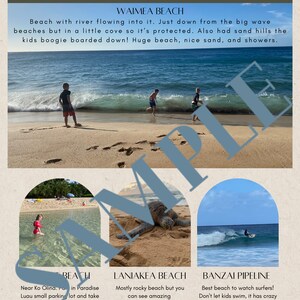 May include: A collage of three images showcasing beaches on the island of Oahu, Hawaii. The top image shows a beach with a river flowing into it. The middle image shows a rocky beach with a sea turtle. The bottom image shows a beach with large waves and a surfer.
