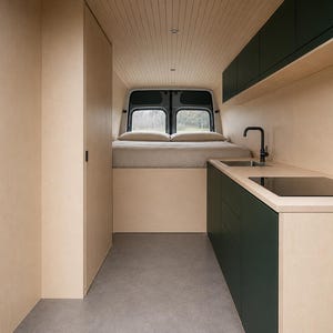 May include: The interior of a camper van featuring light wood panelling on the walls and ceiling, a raised bed with beige bedding at the rear, and a kitchen unit with dark green cabinets, a black tap, a stainless steel sink, and a black hob.