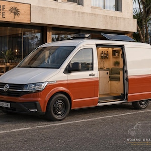 May include: A two-tone white and orange Volkswagen camper van with a sliding side door open to reveal a wooden interior with shelving, a sink, and seating. The vehicle features a roof-mounted solar panel and black wheels, parked on asphalt.