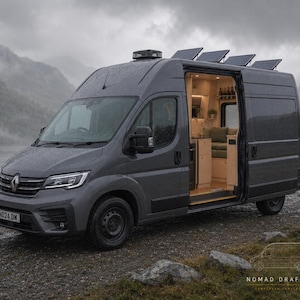 May include: A dark grey Renault camper van with a sliding side door open to reveal a light wood interior, green seating, and kitchen cabinetry. The exterior features roof-mounted solar panels and a vent. The number plate reads ND24 DW.