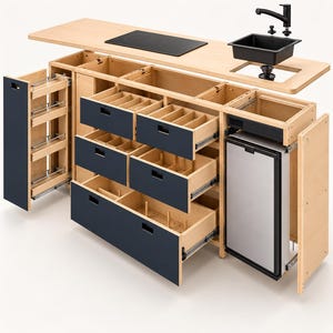 May include: A modular kitchen island unit with a light wood finish, featuring dark blue drawer fronts, a black induction cooktop, and a black sink with a matching faucet. The unit includes pull-out storage shelves and a built-in refrigerator.
