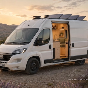 May include: A white Fiat camper van with solar panels on the roof and an open side door revealing a lit interior with a kitchen counter, sink, and seating. The exterior features black trim, black wheels, and a license plate reading ND24 DW.