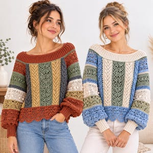 May include: Two long-sleeve crochet jumpers featuring a wide boat neckline and ribbed cuffs. The left jumper displays vertical stripes of rust, mustard, olive, and charcoal. The right jumper features stripes of light blue, cream, and sage green.