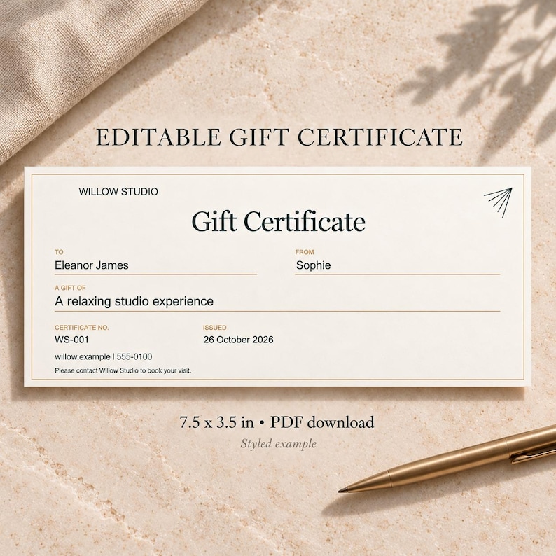 Editable Gift Certificate Template, Printable Gift Voucher PDF, Small ...