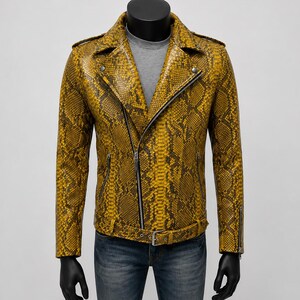 Yellow Python Embossed Leather Biker Jacket | Genuine Cowhide Snakeskin Motorcycle Coat