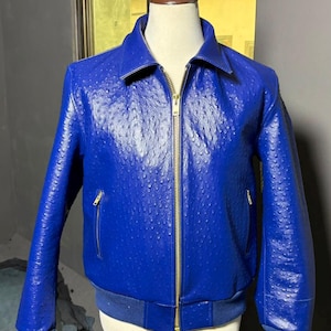 Può includere: Una giacca blu reale vibrante con una superficie testurizzata a pois. La giacca presenta un colletto classico, una chiusura a zip metallica dorata a tutta lunghezza e due tasche laterali con zip dorate. Ha polsini e orlo a coste.