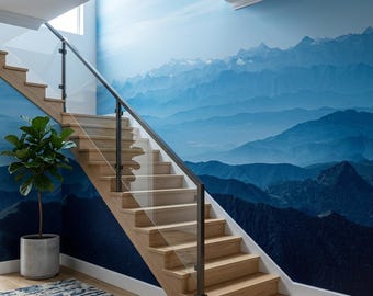 Misty Blue Mountain Landscape Wallpaper Mural, Ombre Nature Wall Decal, Scandinavian Home Decor, Serene Lake House Wall Art