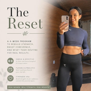 Op de afbeelding: Een digitale flyer voor The Reset, een trainingsprogramma van 4 weken. De tekst luidt: A simple reset for women ready to feel stronger, healthier, and more confident. The Reset. A 4-week program to rebuild strength, boost confidence, and reset your routine for real results. Real women. Real strength. Real results. At-home workouts. 20-30 minutes. Strength & confidence. Victoria Van Sickle.