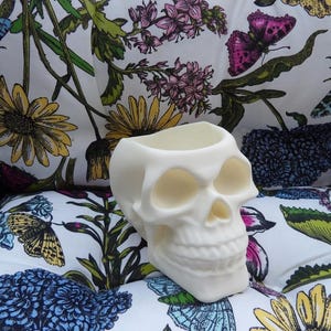 May include: A matte off-white skull-shaped container with a hollow top, featuring realistic anatomical details including eye sockets, a nasal cavity, and a defined jawline, presented as a functional vessel for storage or display purposes.