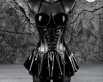May include: A black glossy corset dress featuring a sweetheart neckline, halter straps, and a front lace-up closure with metal grommets. The garment includes a flared skirt, a matching studded choker, and a logo reading AR CORSET.