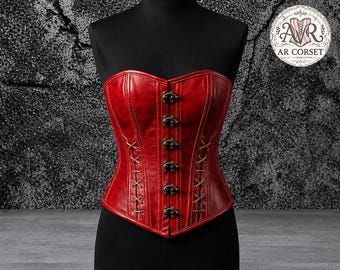 Red Leather Underbust Corset Steel Boned Lace Up Gothic Waist Cincher