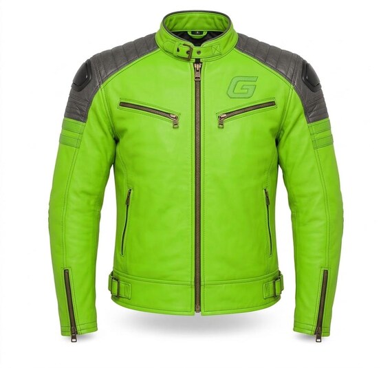 Vintage Fluorescent Green Leather Motorcycle Jacket, Men's Cafe Racer Moto Style, Removable Armor Protection, Custom Fit