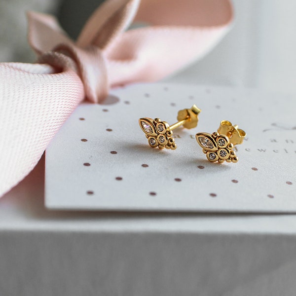 Gold CZ Bohemian Stud Earrings. Cartilage Earrings, India Earrings, Gold Jewelry