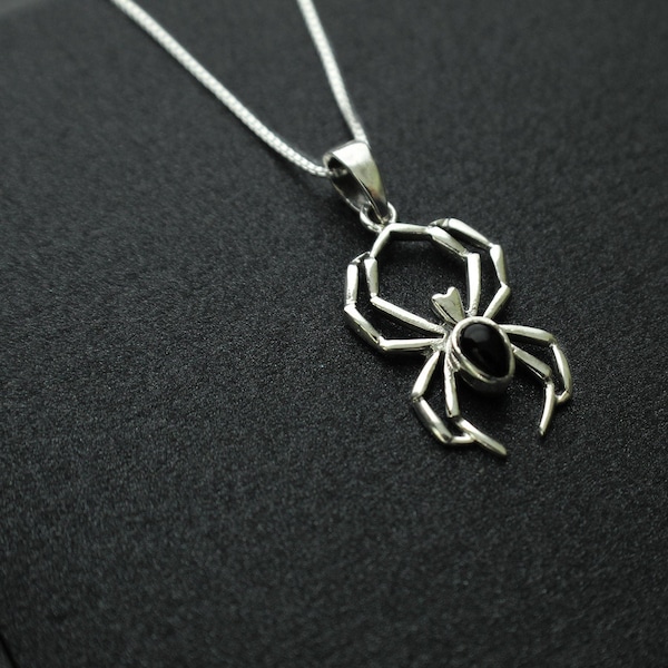 Sterling Silver Spider with Onyx Necklace . Spider Jewelry, Gothic Jewelry, Sterling Onyx Jewelry, Goth Jewelry