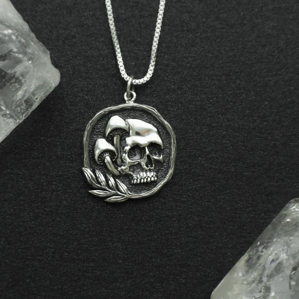 Sterling Silver or Gold Filled Skull and Mushrooms Necklace. Skull Jewelry, Transformation Jewelry, Rebirth Jewelry, Afterlife Jewelry
