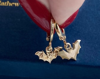 Gold Filled Bat Huggie Hoops: Gothic Halloween Jewelry