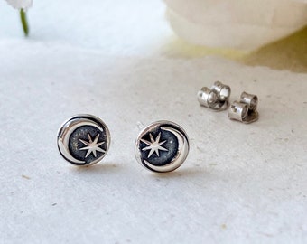 Tiny Sterling Silver Crescent Moon and Star Stud Earrings, Celestial Jewelry, Moon Earrings, Sun Earrings, Minimalist Jewelry