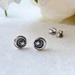 Tiny Sterling Silver Crescent Moon and Star Stud Earrings, Celestial Jewelry, Moon Earrings, Sun Earrings, Minimalist Jewelry