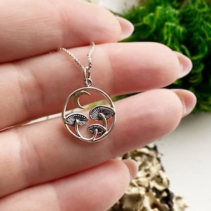 Sterling Silver Mushrooms and Moon Necklace, Vitality Jewelry, Moon Jewelry,Mushroom Jewelry,Fungi Jewelry,Fungi Necklace,