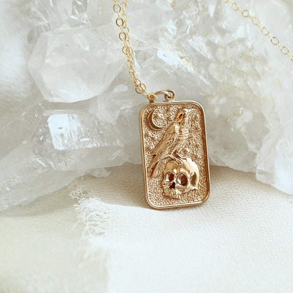Gold Filled Raven and Skull Necklace. Raven Jewelry, Skull Jewelry, Raven and Skull, Norse Ravens, Edgar Allen Poe Jewelry