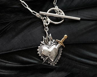 Sterling Silver Sacred Heart Necklace: Bronze Sword, Staple Chain