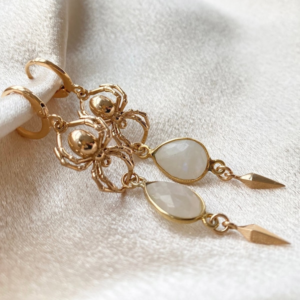 Gold Spider with Moonstone Earrings. Moonstone Jewelry, Patience Jewelry, Spider Jewelry, Arachnid Jewelry, Talisman Jewelry,Healing Jewelry