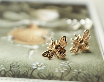 Sterling Silver or Gold Honey Bee Stud Earrings. Bee Studs, Bee Earrings, Sterling Silver Studs, Bee Jewelry