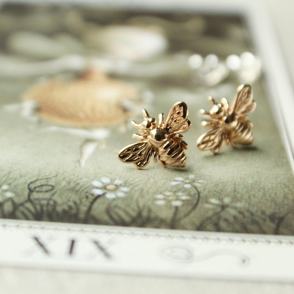 Sterling Silver or Gold Honey Bee Stud Earrings. Bee Studs, Bee Earrings, Sterling Silver Studs, Bee Jewelry