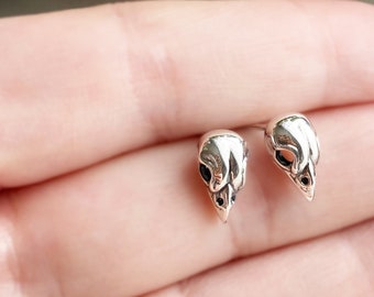 Sterling Silver Tiny Bird Skull Stud Earrings . Skull Jewelry,Gothic Jewelry, Bird Skull Studs