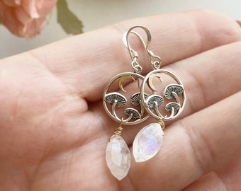 Sterling Silver Mushrooms and Moon With Moonstone Earrings. Vitality Jewelry, Moon Jewelry,Mushroom Jewelry,Fungi Jewelry,Moonstone Jewelry