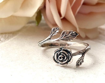 Sterling Silver Adjustable Rose Ring . Flower Jewelry, Floral Jewelry, Adjustable Ring, Spring Jewelry, Rose Jewelry