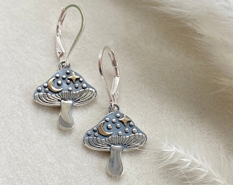 Sterling Silver Celestial Mushroom Hoop Earrings, Cottage Core Jewelry, Celestial Earrings, Gift for Her, Vitality Jewelry, Fungi Jewelry