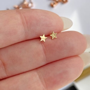 14kt Solid Gold  Star Stud Earrings 4mm ,5.5mm or 6mm your choice. Hypo- Allergenic, Dainty Solid Gold Star Studs, NON-SLIP BACKS