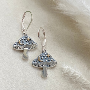 Sterling Silver Celestial Mushroom Hoop Earrings, Cottage Core Jewelry, Celestial Earrings, Gift for Her, Vitality Jewelry, Fungi Jewelry