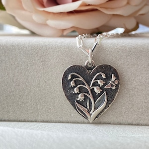Sterling Silver Lily of the Valley Flower Heart Necklace. Flower Jewelry, Mother Day Gift, Cottage Core Jewelry, May Birth Flower