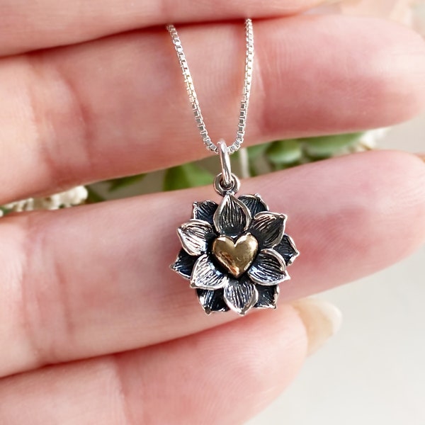 Sterling Silver Lotus Heart Necklace, Lotus Jewelry, Heart Jewelry, Flower Jewelry, Rebirth Jewelry,Spiritual Jewelry, Enlightenment Jewelry